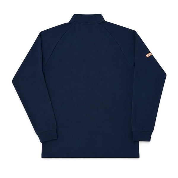 LBC Golf 1/4 Zip navy back flat lay with clean solid navy performance fabric and orange LBC patch on left sleeve | Lost Boy Creations Key West
