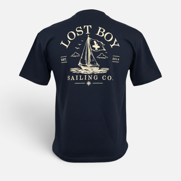 Men's Sailing Club Tee navy short sleeve tee back on-model view with Lost Boy Sailing Co. sailboat graphic | Lost Boy Creations Key West