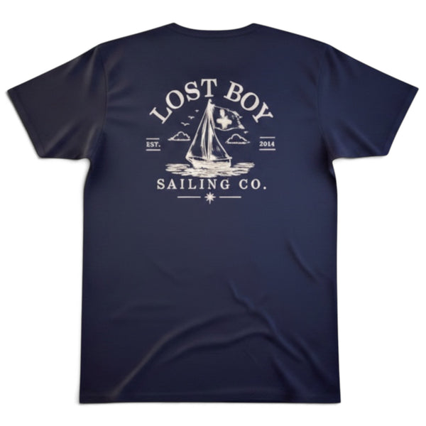 Lost Boy Creations midnight navy cotton t-shirt featuring a white sailing boat graphic on the back