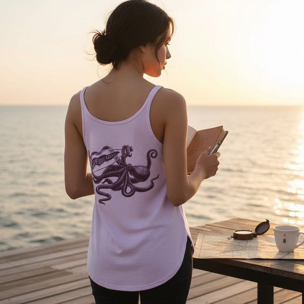 Women's Octopus Festival Tank in Lavender — lifestyle back view, octopus with message in a bottle graphic at sunset | Lost Boy Creations Key West