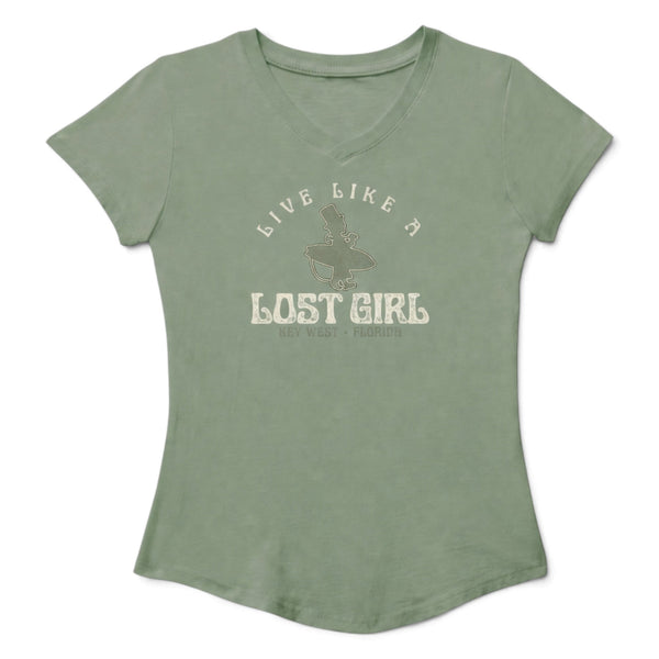 Kid's Live Like A Lost Girl Tee pea green V-neck front view with Live Like A Lost Girl graphic print | Lost Boy Creations Key West