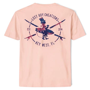 Men's Floral Surfer Tee in Peach — back flat lay, full-back floral Lost Boy silhouette graphic | Lost Boy Creations Key West