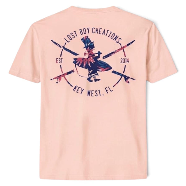 Men's Floral Surfer Tee in Peach — back flat lay, full-back floral Lost Boy silhouette graphic | Lost Boy Creations Key West