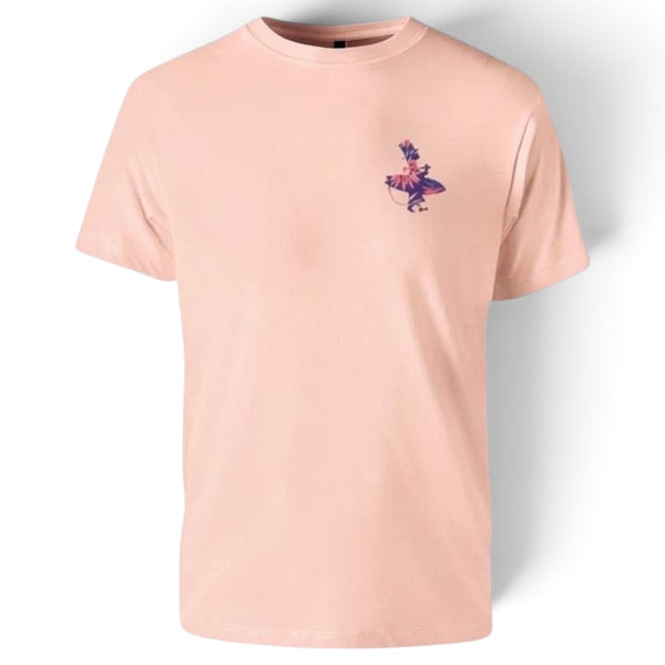Men's Floral Surfer Tee in Peach — front detail, small LBC surfer silhouette logo on chest | Lost Boy Creations Key West