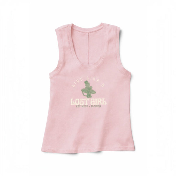 Lost Boy Creations light pink ribbed cotton tank top with a green and white graphic print on the front