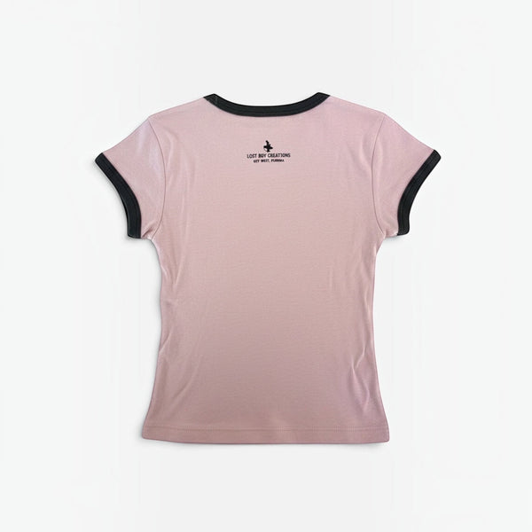 Women's Surfing Club Ringer Tee Desert Pink ringer tee back view with contrast black sleeve and neck bands | Lost Boy Creations Key West