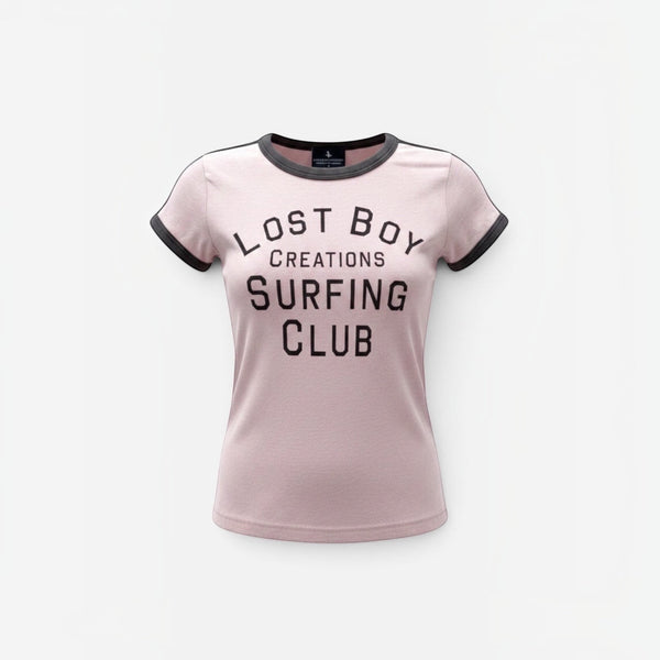 Women's Surfing Club Ringer Tee Desert Pink ringer tee with contrast black bands and Lost Boy Creations Surfing Club graphic front view | Lost Boy Creations Key West