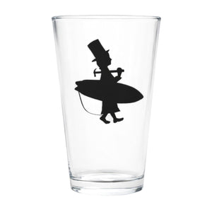 Lost Boy Creations Perfect Pint clear glass featuring black Lost Boy surfer silhouette icon on white background | Lost Boy Creations Key West