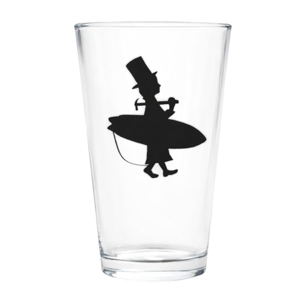 Lost Boy Creations Perfect Pint clear glass featuring black Lost Boy surfer silhouette icon on white background | Lost Boy Creations Key West