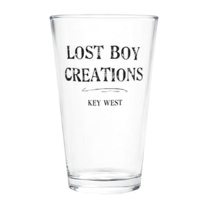 Lost Boy Creations Perfect Pint clear glass featuring Lost Boy Creations Key West wordmark on white background | Lost Boy Creations Key West