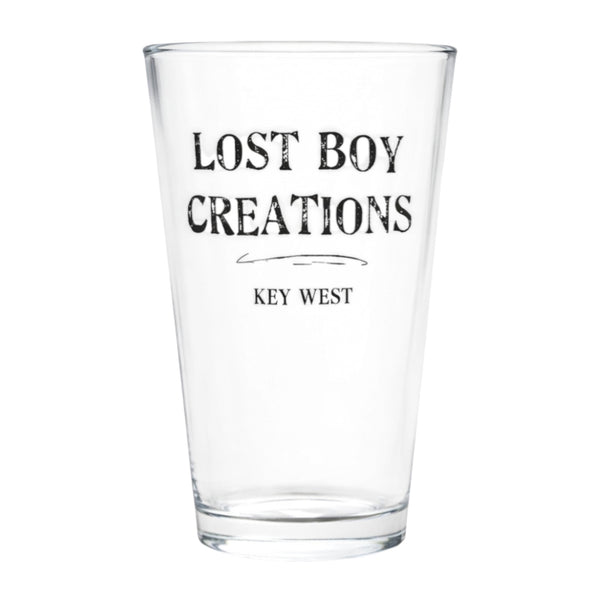 Lost Boy Creations Perfect Pint clear glass featuring Lost Boy Creations Key West wordmark on white background | Lost Boy Creations Key West