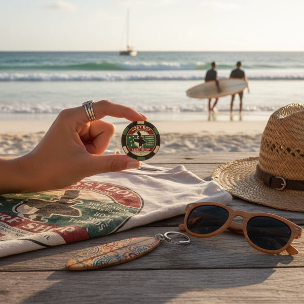Lost Boy Creations Poker Chip — lifestyle shot, hand holding chip beachside with LBC tee, straw hat, sunglasses and surfboard keychain on driftwood table | Lost Boy Creations Key West