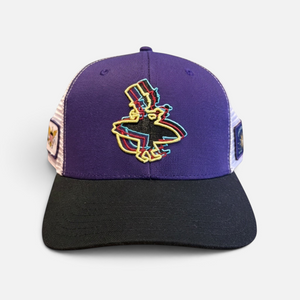 3D Hat in Royal Purple — front flat, multicolor 3D Lost Boy emblem, black brim, white mesh back, USVI & Conch Republic flag patches | Lost Boy Creations Key West