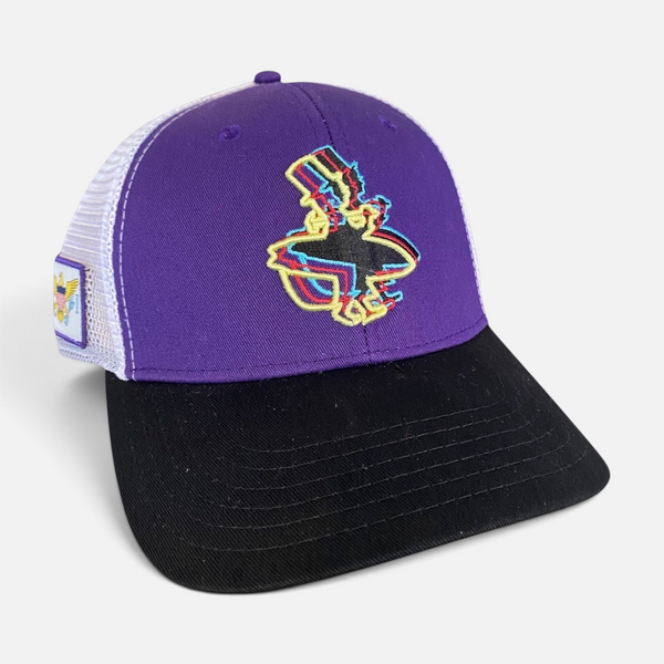 3D Hat in Royal Purple — 3/4 angle, 3D Lost Boy emblem on front, black brim, white mesh back, USVI flag patch visible | Lost Boy Creations Key West