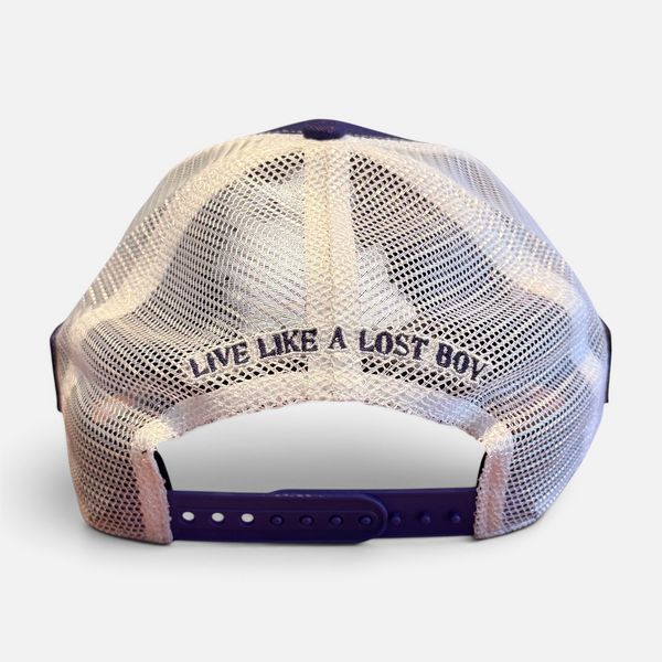 3D Hat in Royal Purple — back view, white mesh trucker back with "Live Like A Lost Boy" embroidery, purple snapback closure | Lost Boy Creations Key West