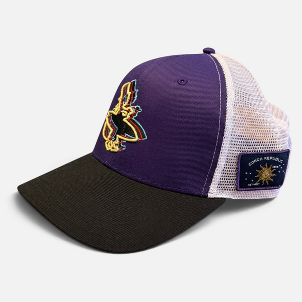 3D Hat in Royal Purple — 3/4 angle, 3D Lost Boy emblem on front, black brim, white mesh back, Conch Republic flag patch on side | Lost Boy Creations Key West