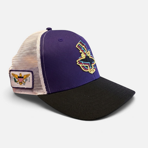 3D Hat in Royal Purple — 3/4 angle, multicolor 3D Lost Boy emblem on front, black brim, USVI flag patch on side | Lost Boy Creations Key West