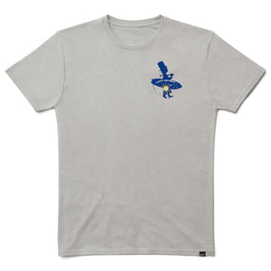 Men's Conch Republic Tee in Quartz Grey — front flat lay, navy Conch Republic logo on chest | Lost Boy Creations Key West