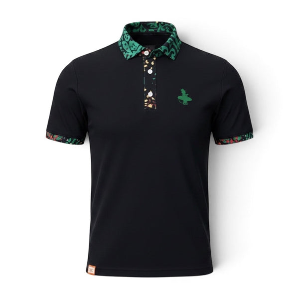 Rasta Golf Polo black ghost mannequin front view with green LBC logo on left chest and Rasta-print collar and cuffs in red yellow and green | Lost Boy Creations Key West