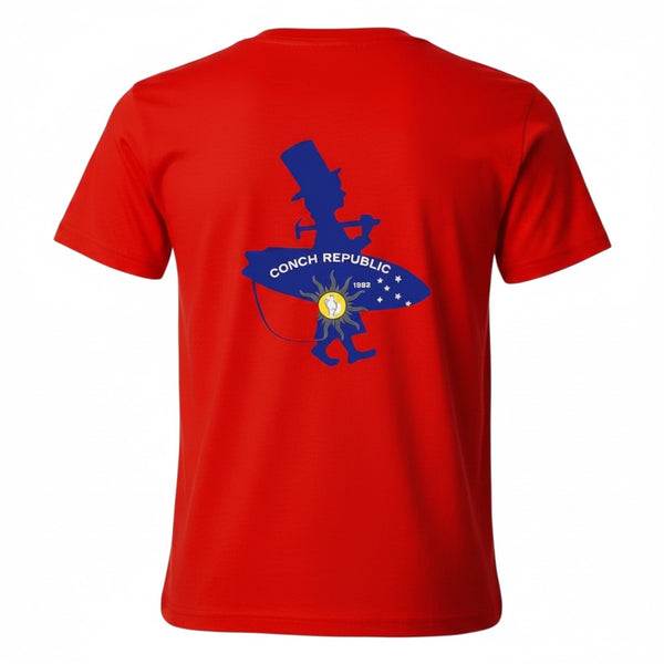 Kid's Conch Republic Tee in Red — back flat lay, blue Conch Republic graphic | Lost Boy Creations Key West
