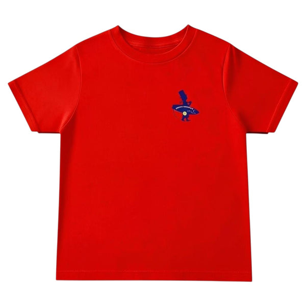 Kid's Conch Republic Tee in Red — front flat lay, navy Conch Republic logo on chest | Lost Boy Creations Key West