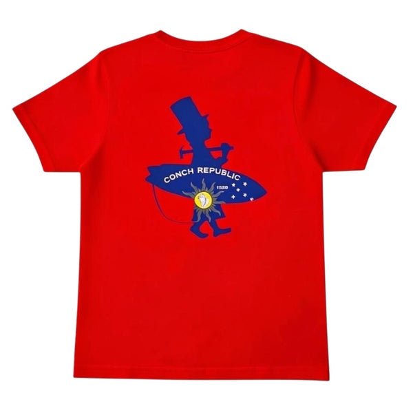 Kid's Conch Republic Tee in Red — back flat lay, blue Conch Republic graphic with man in top hat carrying surfboard | Lost Boy Creations Key West
