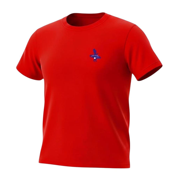 Kid's Conch Republic Tee in Red — front flat lay, small blue Conch Republic logo on left chest | Lost Boy Creations Key West
