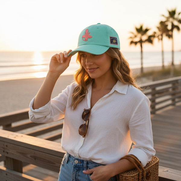 Flamingo Flats Low-Pro Hat in Mint — lifestyle, woman wearing hat with LBC surfer embroidery on a boardwalk at sunset | Lost Boy Creations Key West