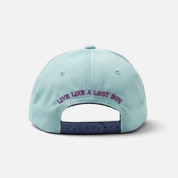 Robin's Egg low crown snapback hat seafoam back view with Live Like A Lost Boy embroidery and navy snapback closure | Lost Boy Creations Key West