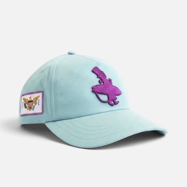 Robin's Egg low crown snapback hat seafoam side view with purple glitter Lost Boy surfer logo and USVI flag patch | Lost Boy Creations Key West
