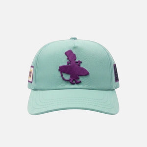 Robin's Egg low crown snapback hat seafoam front view with purple glitter Lost Boy surfer logo and side flag patches | Lost Boy Creations Key West