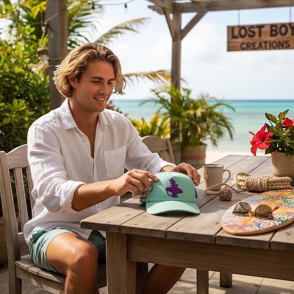 Man holding Robin's Egg low crown snapback hat seafoam at beachside table with tropical backdrop | Lost Boy Creations Key West