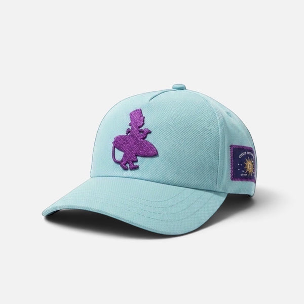 Robin's Egg low crown snapback hat seafoam angled side view with purple glitter Lost Boy surfer logo and Conch Republic flag patch | Lost Boy Creations Key West