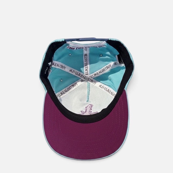 Robin's Egg low crown snapback hat seafoam underside view showing #LiveLikeALostBoy crown taping satin lining and burgundy underbrim | Lost Boy Creations Key West