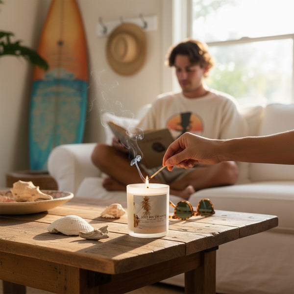 Lost Boy Signature Candle — lifestyle shot, candle being lit in beach glass jar on rustic wooden table in sunlit room | Lost Boy Creations Key West