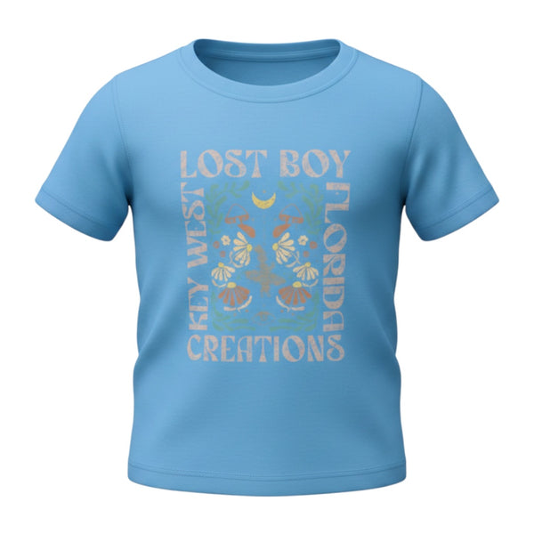 Kid's Day Trippin Tee sky blue angled front view with mystical mushroom and moth graphic print | Lost Boy Creations Key West