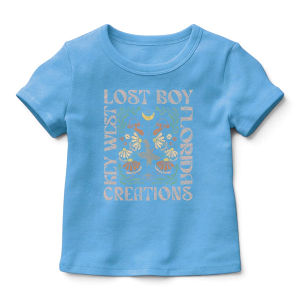 Kid's Day Trippin Tee sky blue front view with mystical mushroom and moth graphic print | Lost Boy Creations Key West