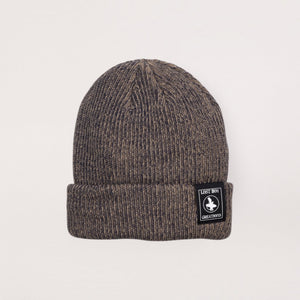 Lost Boy Creations smoke heathered rib-knit beanie with a fold-over cuff and signature brand patch.