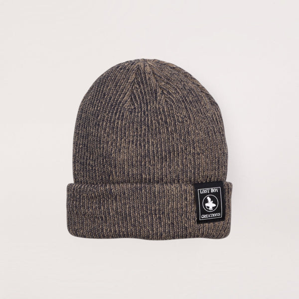 Lost Boy Creations smoke heathered rib-knit beanie with a fold-over cuff and signature brand patch.