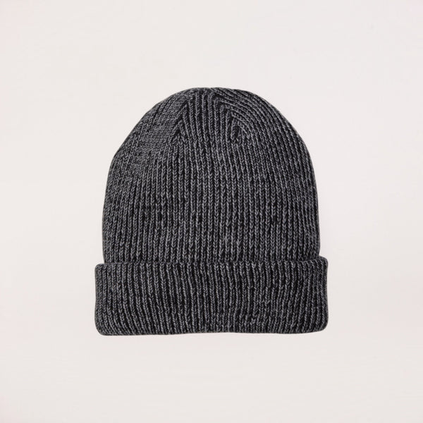 Lost Boy Creations smoke grey rib-knit beanie with a fold-over cuff and heathered texture for winter wear.