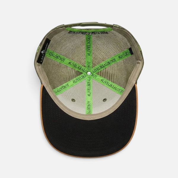 Dr. Green Thumb 2.0 Hat in Dark Green — interior detail, green mesh with tan suede brim | Lost Boy Creations Key West
