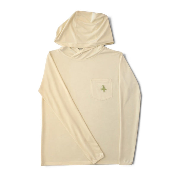 LBC Hooded Sun Shirt tan colorway — UPF 20+ bamboo hooded sun shirt with embroidered LBC logo on front chest pocket | Lost Boy Creations Key West