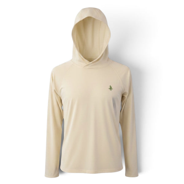 LBC Hooded Sun Shirt tan colorway — UPF 20+ bamboo hooded sun shirt with chest pocket and LBC logo detail | Lost Boy Creations Key West