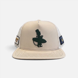 Lost Boy Creations Forest Sand Dunes tan trucker hat with white mesh back and green surfer embroidery