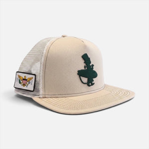 Lost Boy Creations Forest Sand Dunes trucker hat with tan front, white mesh back, and green surfer embroidery.