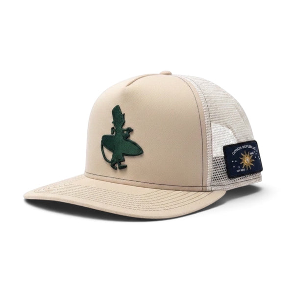 Lost Boy Creations Forest Sand Dunes tan trucker hat with white mesh back and green surfer embroidery