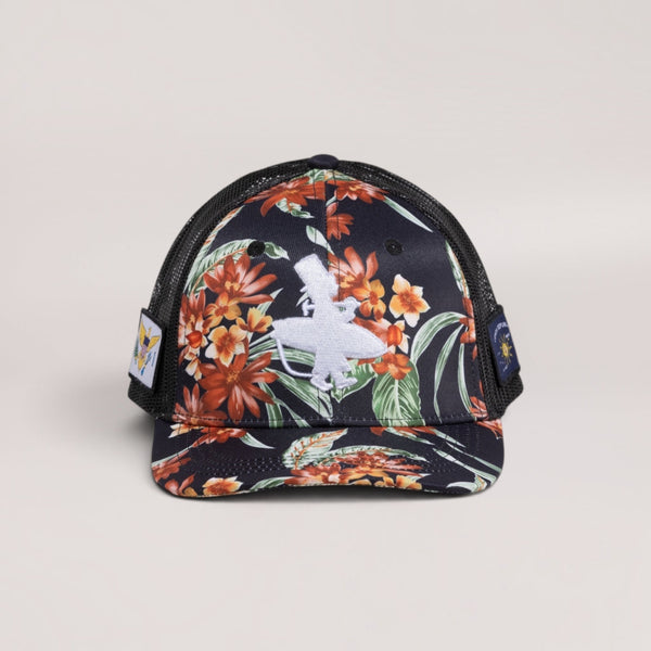 Lost Boy Creations Tarzan snapback hat featuring a bold tropical floral print, black mesh back, and white logo.