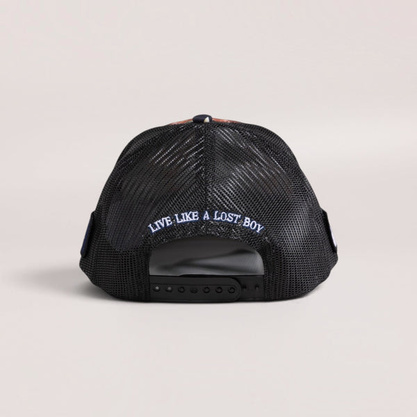 Lost Boy Creations Tarzan snapback hat featuring a black mesh back and Live Like a Lost Boy embroidery