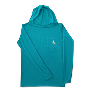LBC Hooded Sun Shirt teal colorway — UPF 20+ bamboo hooded sun shirt with embroidered LBC logo on front chest pocket | Lost Boy Creations Key West