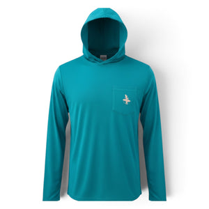 LBC Hooded Sun Shirt teal colorway — UPF 20+ bamboo hooded sun shirt with chest pocket and LBC logo detail | Lost Boy Creations Key West